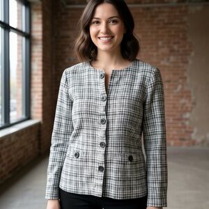 Women's Black and White Linen Lightweight jacket blazer top button up Medium